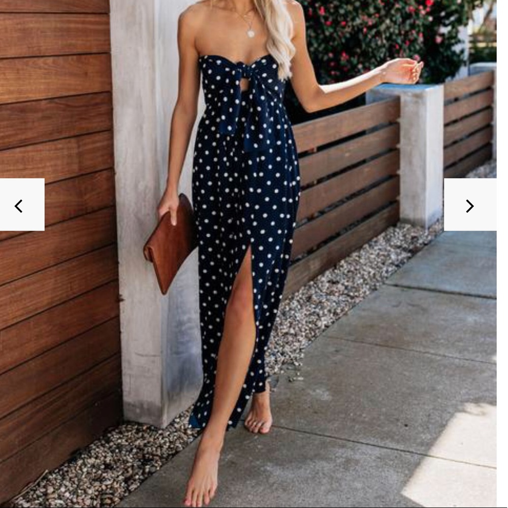 Strapless Navy Polka Dot Maxi Dress
